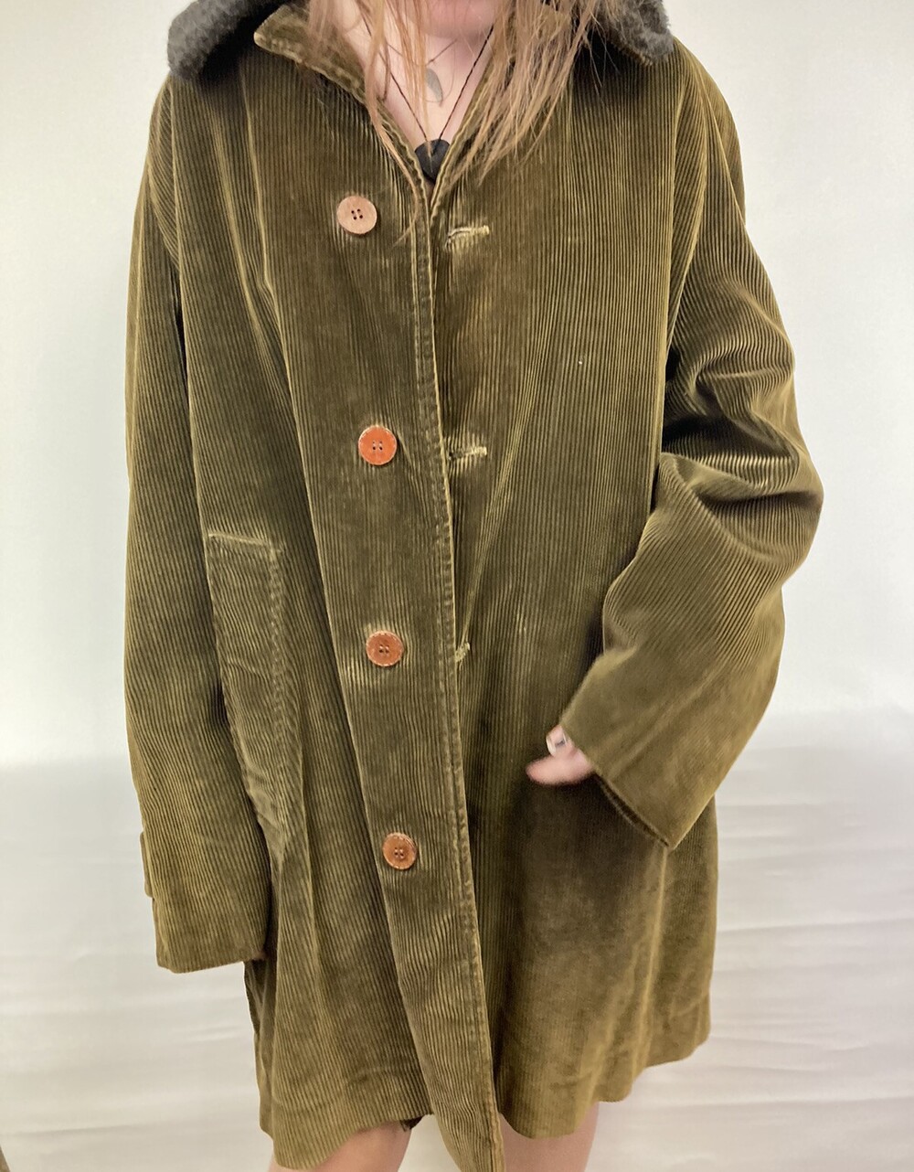 VTG Mens Green Corduroy Winter Coat 100% Wool Zip in Liner Olive Trench Long M L